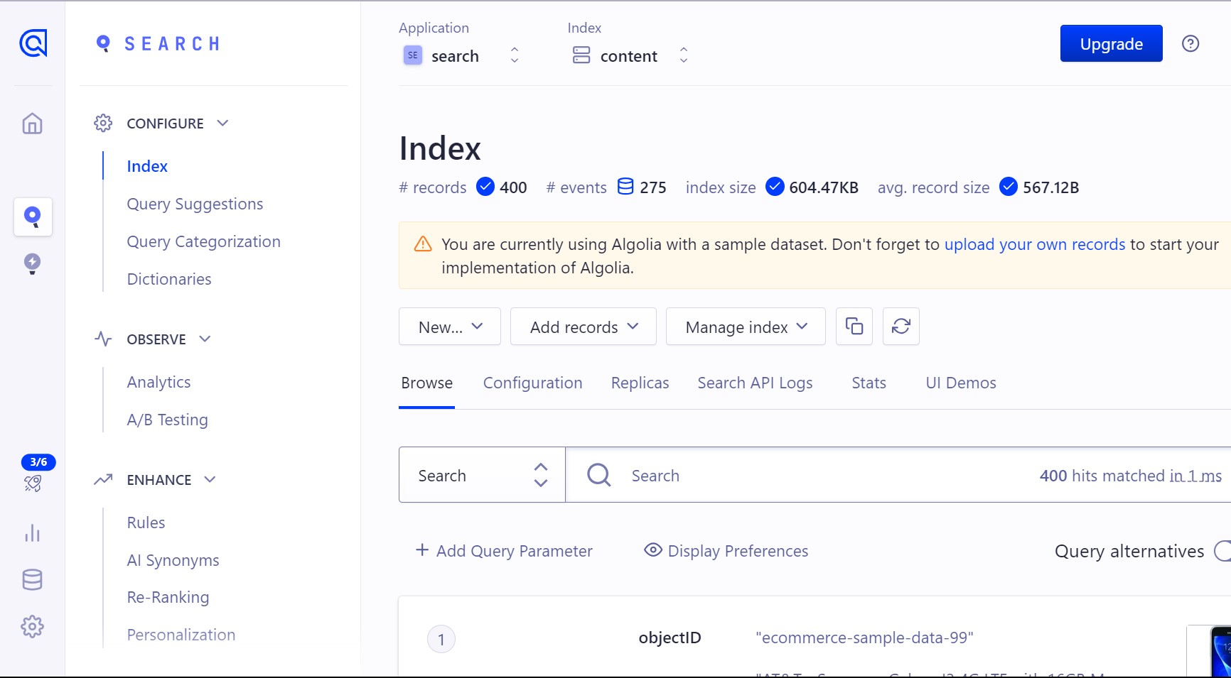 Algolia’s Dashboard